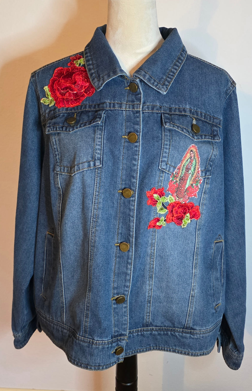 Virgen De Guadalupe denim Blue jacket Sz 3X /embroidered 3D Apliques with Rhinestones
