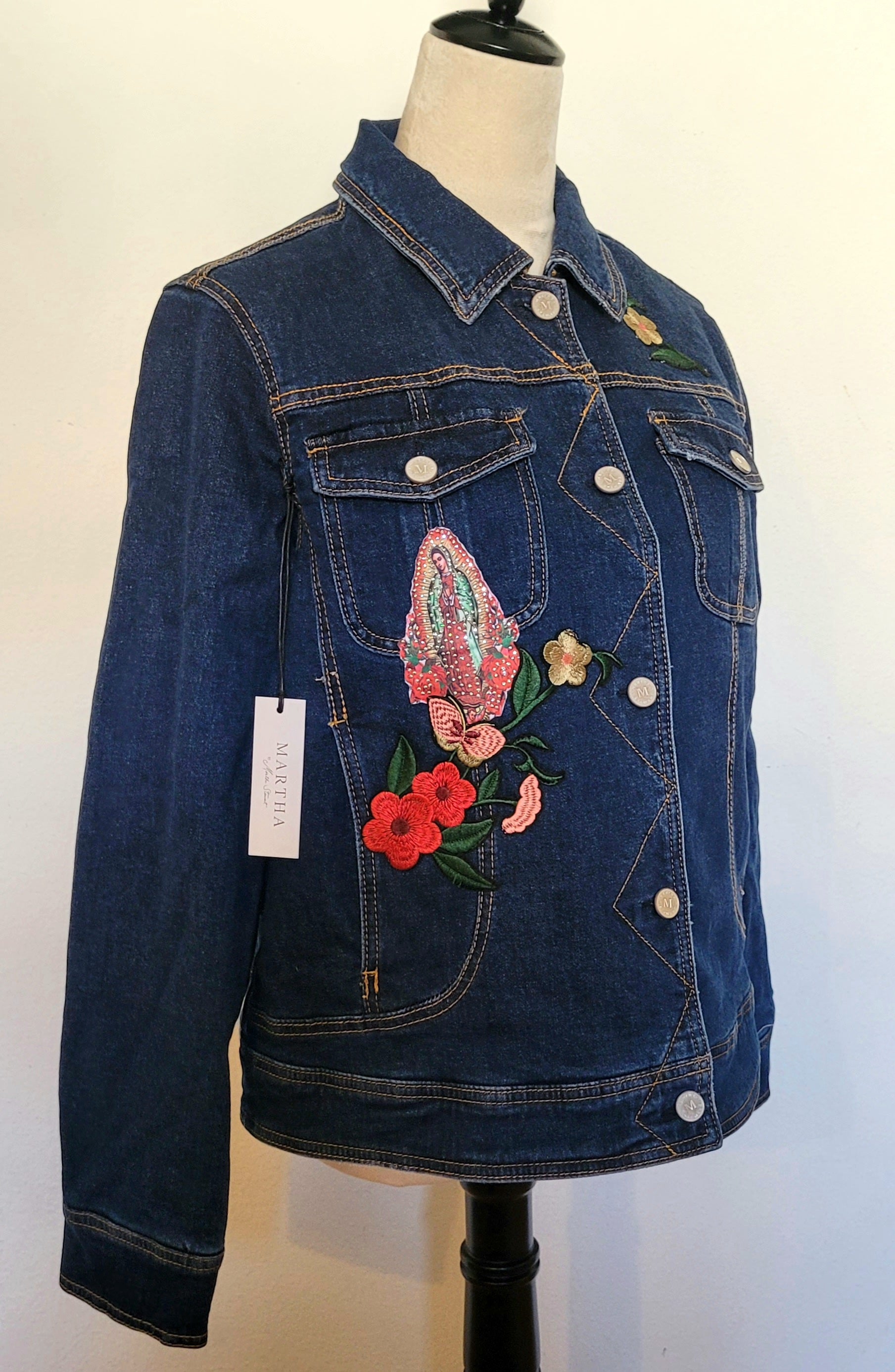 New with tags Virgen De Guadalupe denim Blue jacket with Lining Sz Large flowers  embroidered Apliques Butterfly Martha by Martha Stewart