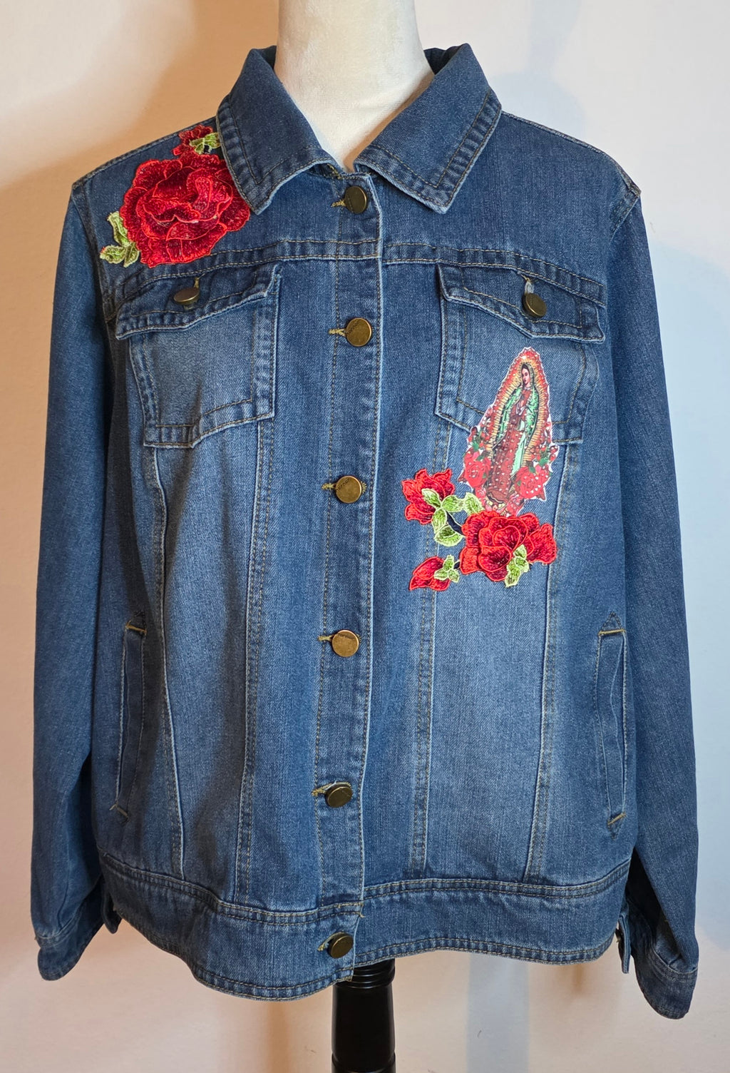 Virgen De Guadalupe denim Blue jacket Sz 3X /embroidered 3D Apliques with Rhinestones