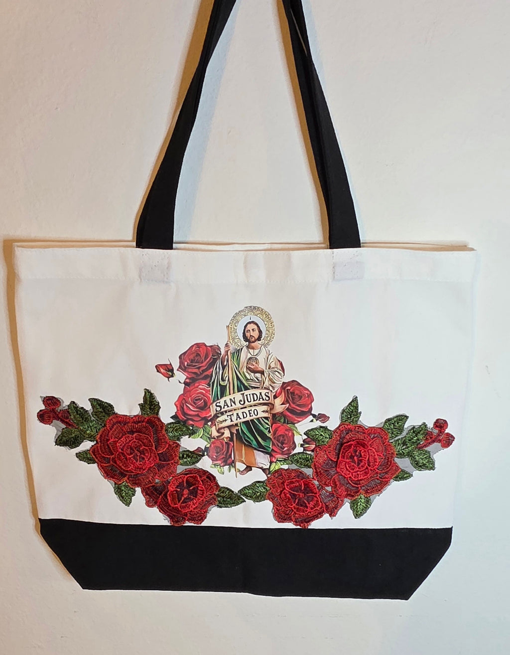 San Judas Tadeo - Saint Jude Thaddeus image with red roses 3D embroidered Apliques canvas tote.