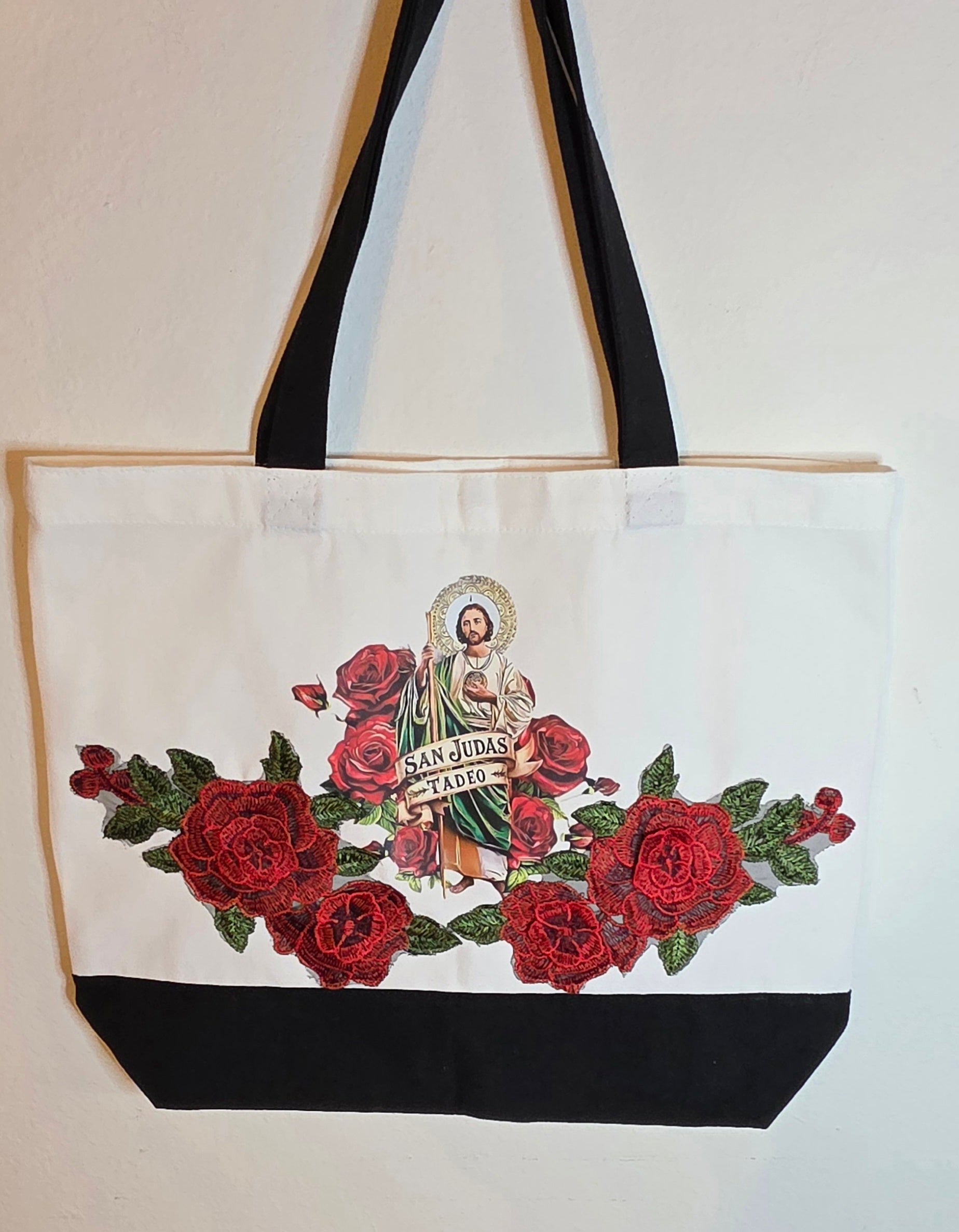 San Judas Tadeo - Saint Jude Thaddeus image with red roses 3D embroidered Apliques canvas tote.
