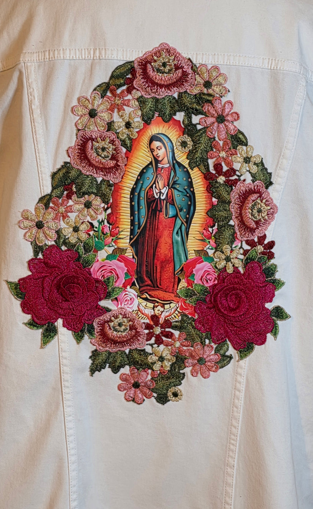 Virgen de Guadalupe/ Our Lady of Guadalupe denim white Jacket with embroidered Apliques women's plus size 1X