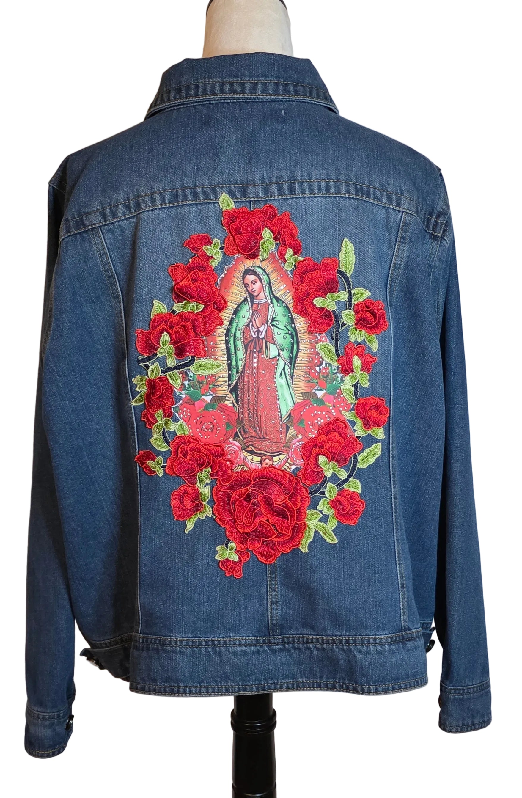 Virgen De Guadalupe denim Blue jacket Sz 3X /embroidered 3D Apliques with Rhinestones