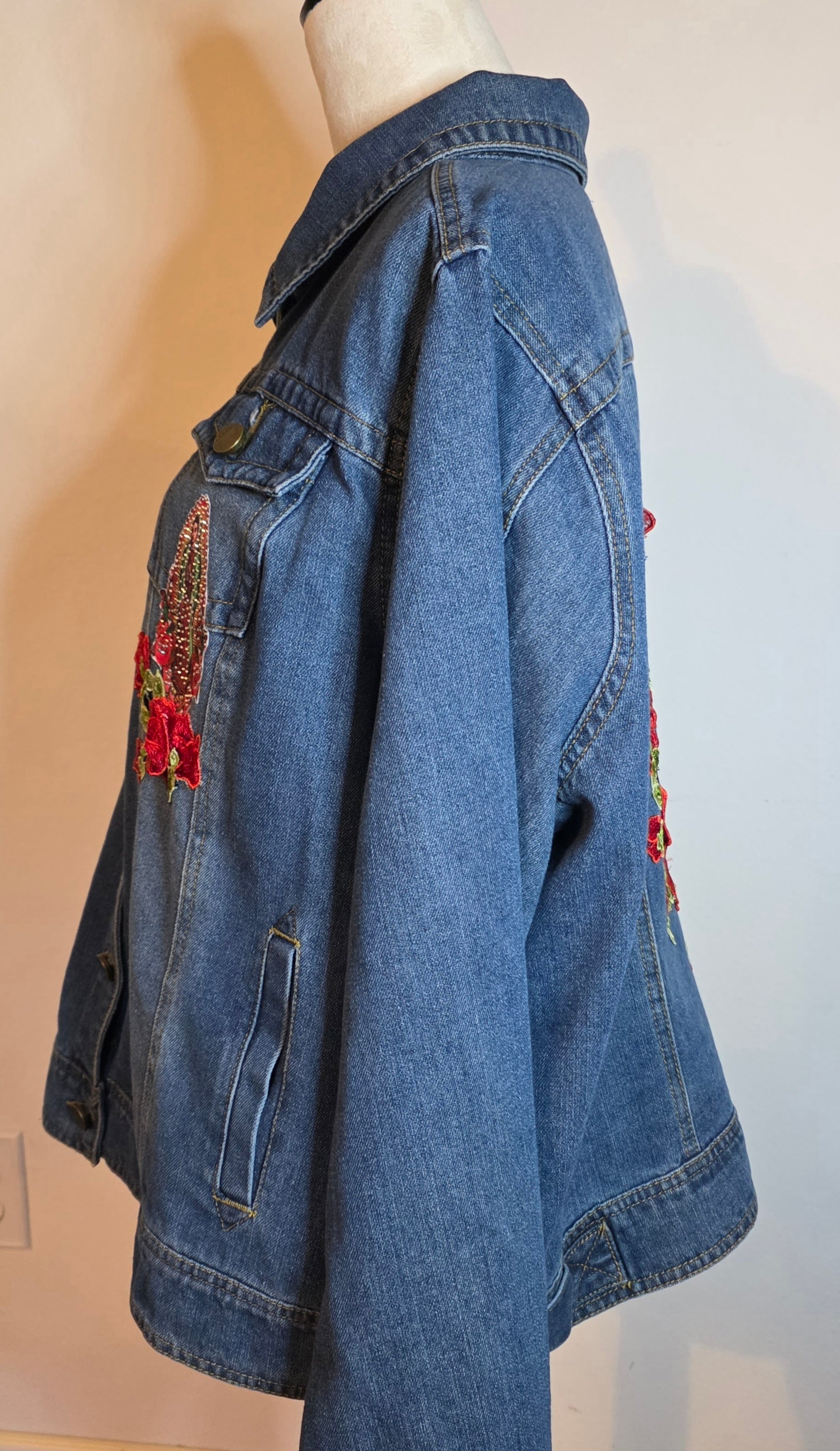 Virgen De Guadalupe denim Blue jacket Sz 3X /embroidered 3D Apliques with Rhinestones