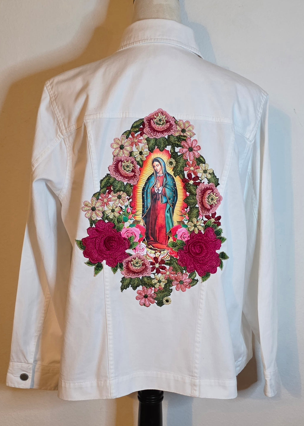 Virgen de Guadalupe/ Our Lady of Guadalupe denim white Jacket with embroidered Apliques women's plus size 1X