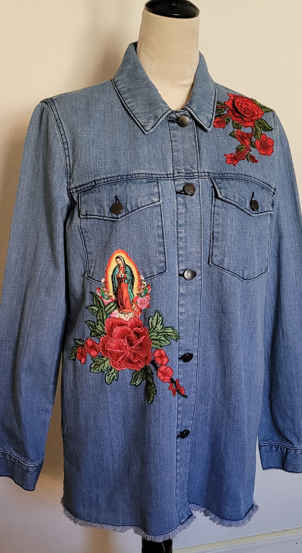 Virgen De Guadalupe Our Lady of Guadalupe denim Blue jacket Sz M/embroidery Apliques Religious Catholic