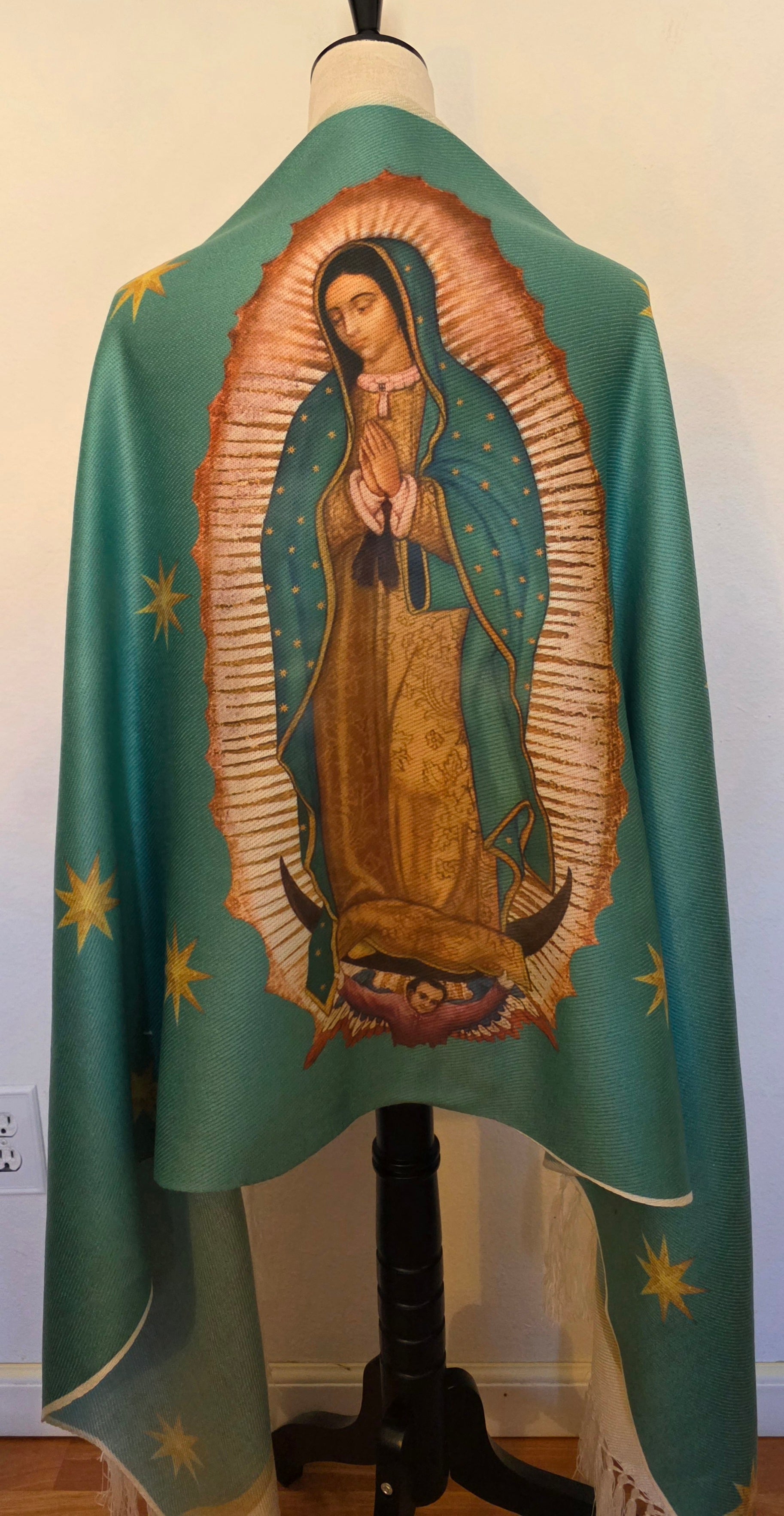 Virgin of Guadalupe Rebozo Shawl Green – Catholic Handmade Mexican Wrap | Prayer Shawl & Religious Gift