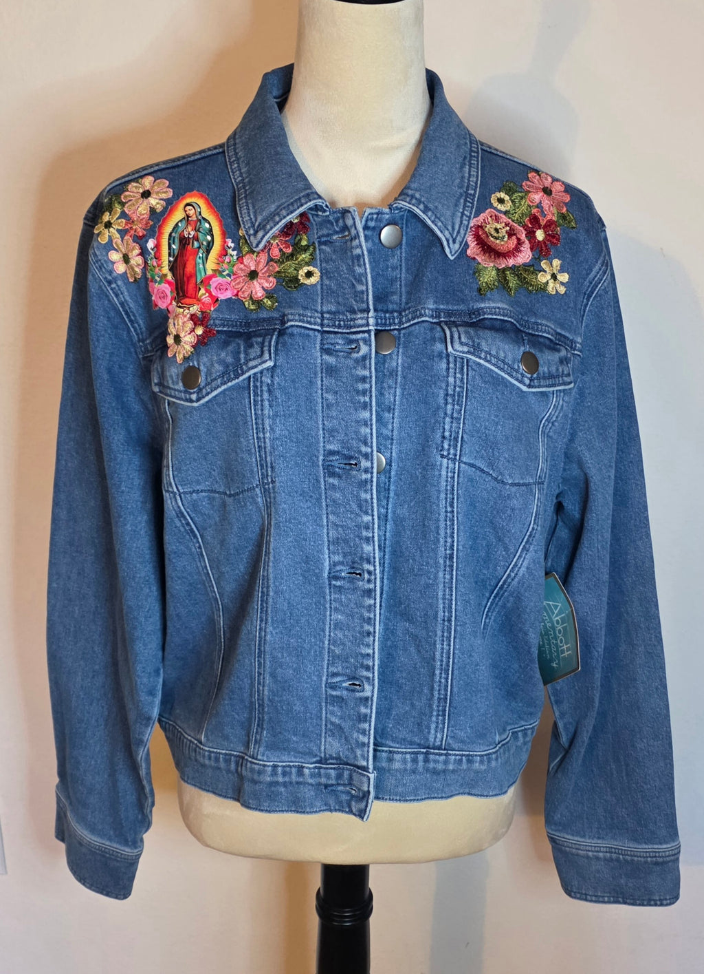 Virgen De Guadalupe new women's denim Blue jacket stretch Sz Large /embroidered 3D Apliques Rhinestones
