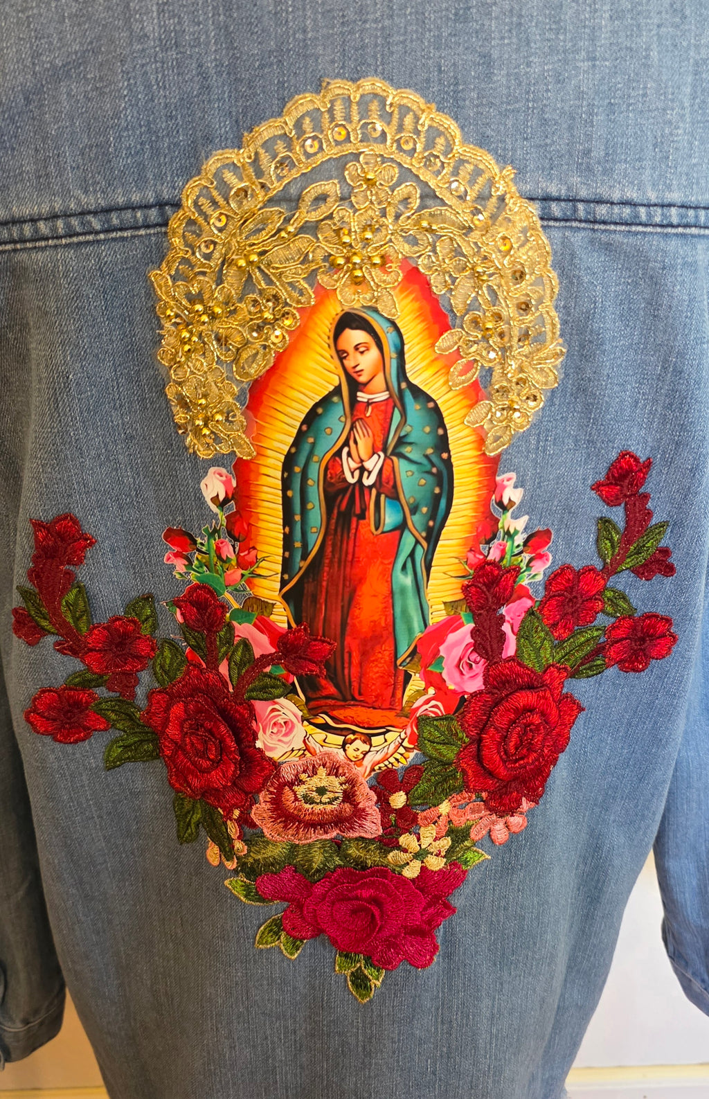Virgen De Guadalupe Our Lady of Guadalupe denim Blue jacket Sz M/embroidery Apliques Religious Catholic
