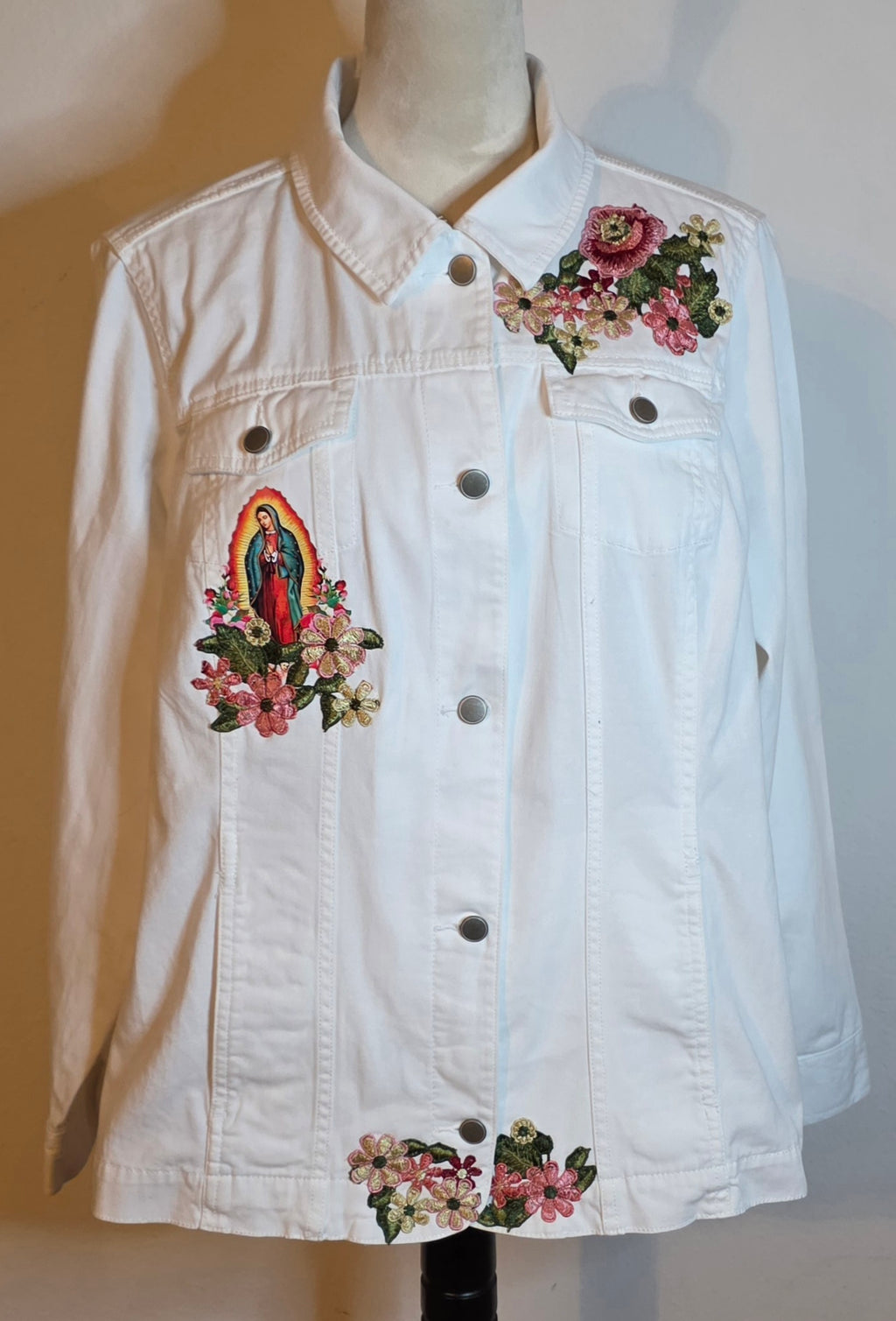 Virgen de Guadalupe/ Our Lady of Guadalupe denim white Jacket with embroidered Apliques women's plus size 1X