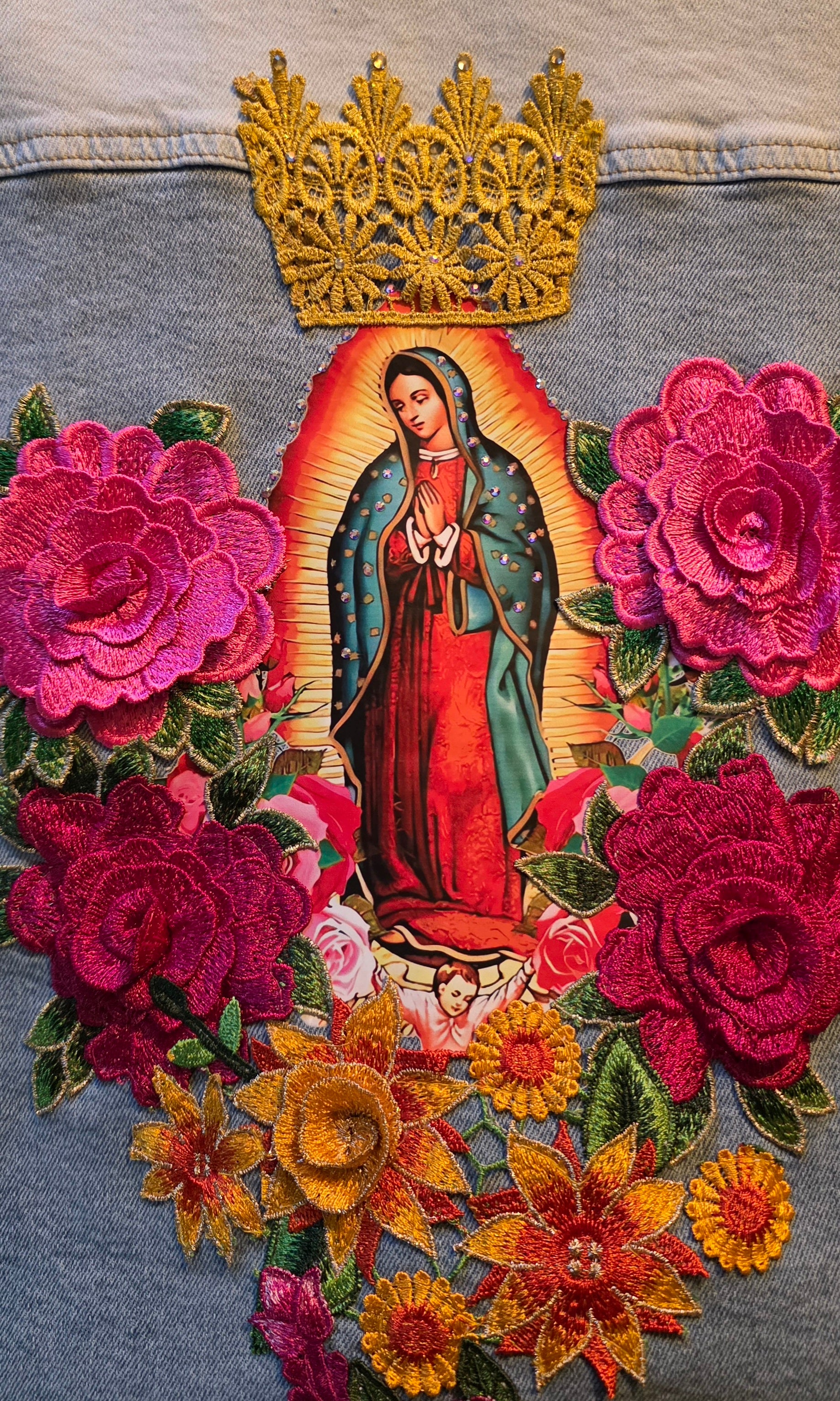 Virgen de Guadalupe new denim shacket / long jacket size Small bi-color stretch / button-up / unique piece / round hem.