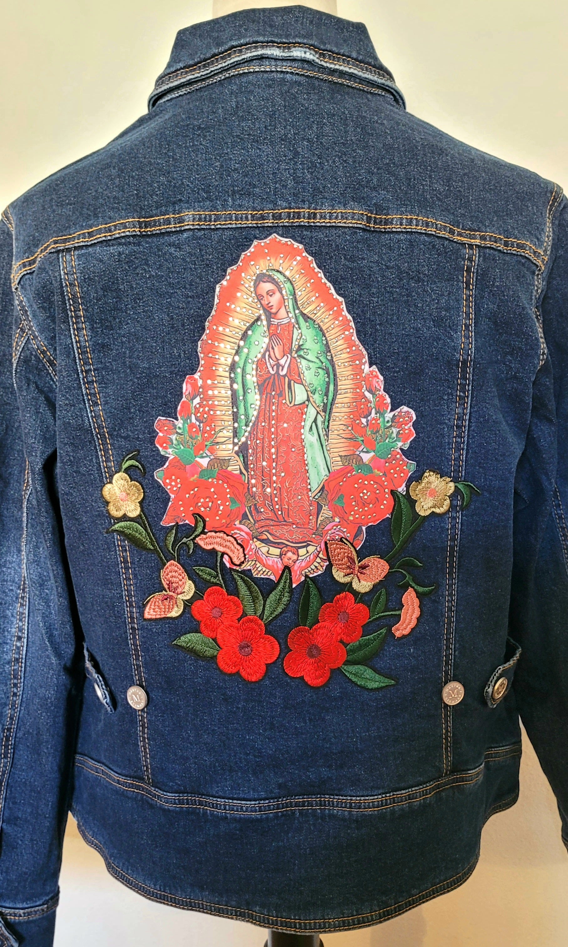New with tags Virgen De Guadalupe denim Blue jacket with Lining Sz Large flowers  embroidered Apliques Butterfly Martha by Martha Stewart