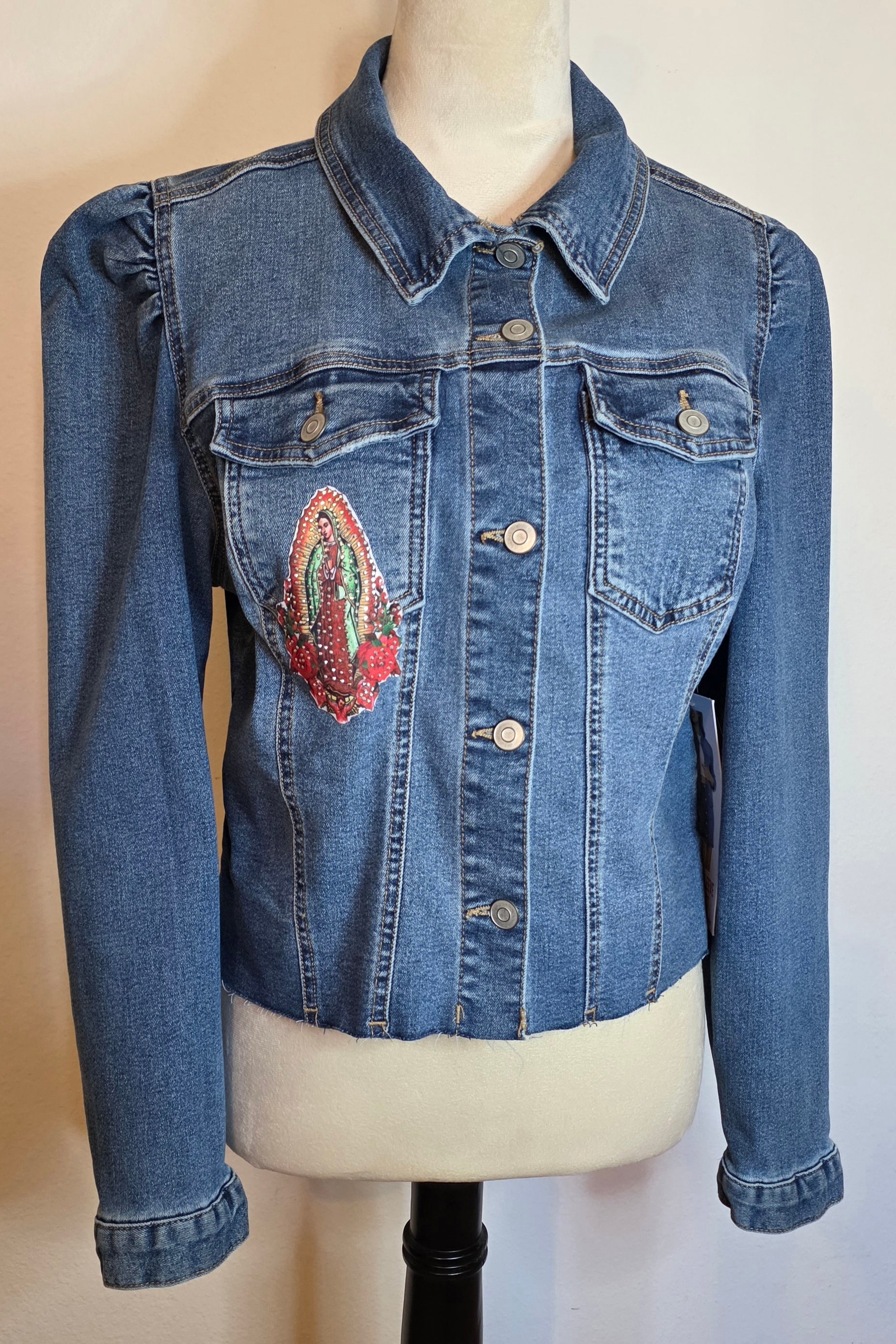 Our Lady Of Guadalupe Image with Rhinestones denim jacket size Medium stretch new with tags