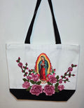 Our Lady Of Guadalupe canvas tote 3D flower appliqués