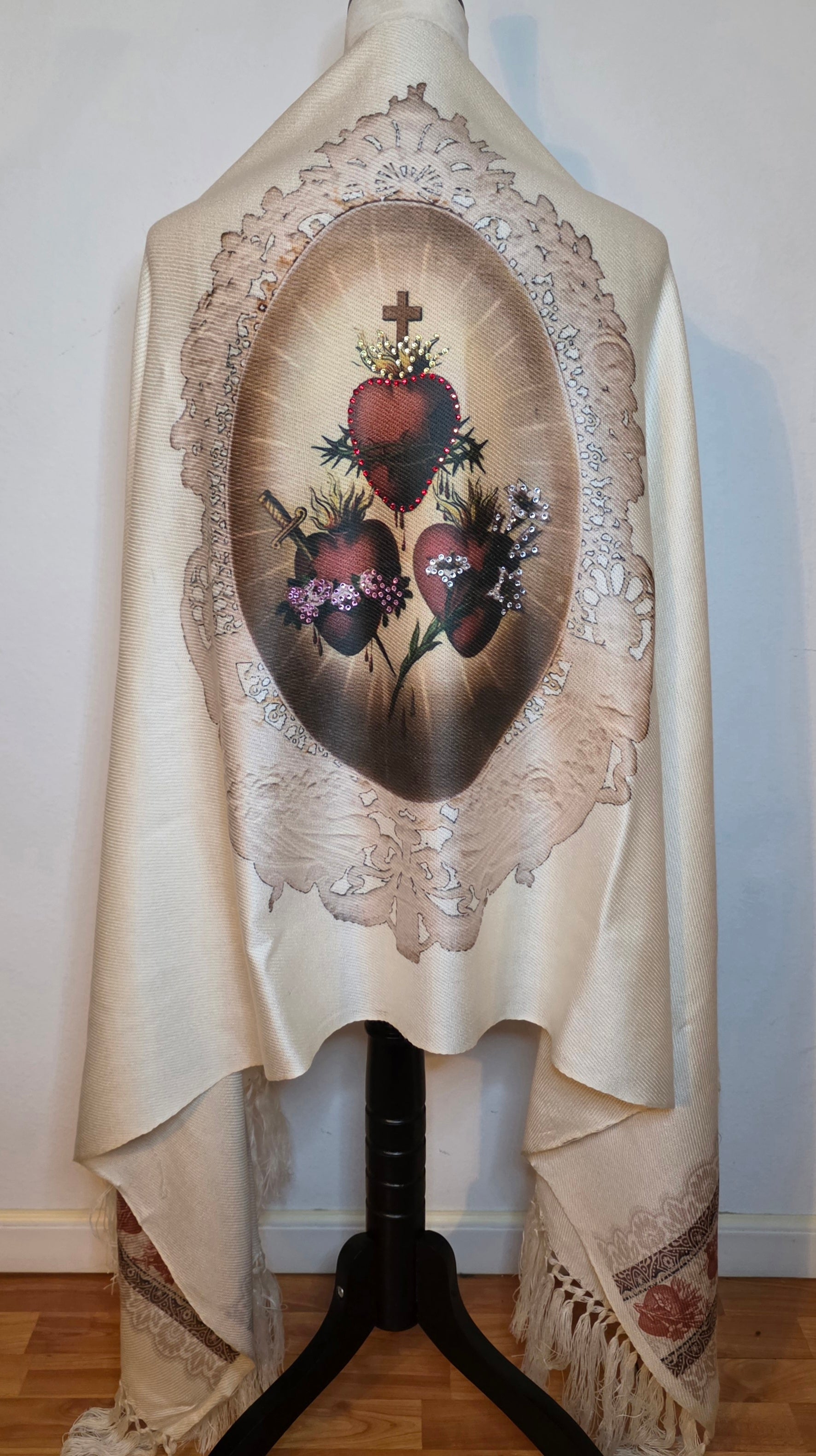 Corazones De Jesus, Jose Y Virgen Maria Rebozo con brillantes Rhinestones