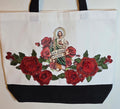 San Judas Tadeo - Saint Jude Thaddeus image with red roses 3D embroidered Apliques canvas tote.