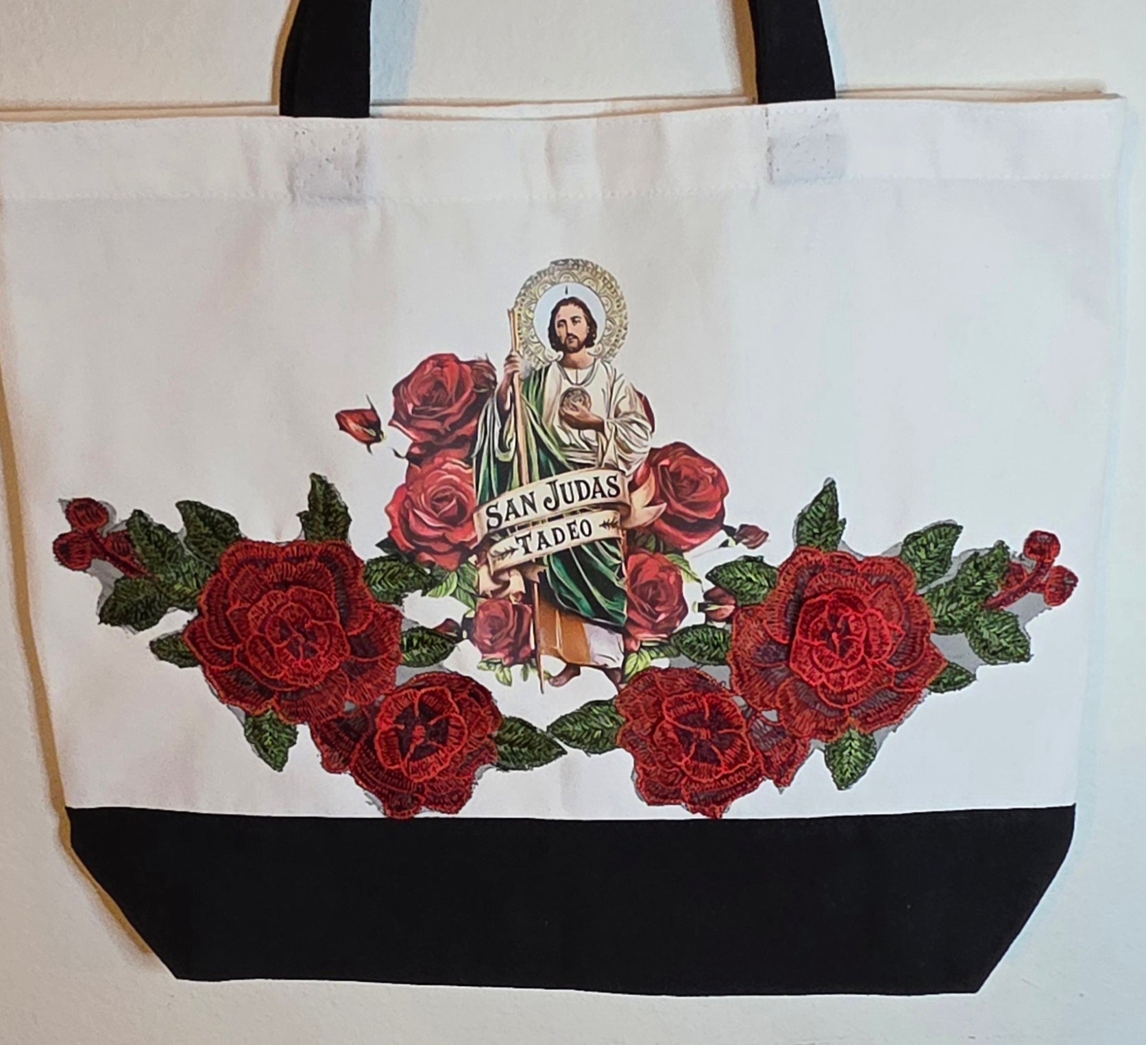 San Judas Tadeo - Saint Jude Thaddeus image with red roses 3D embroidered Apliques canvas tote.