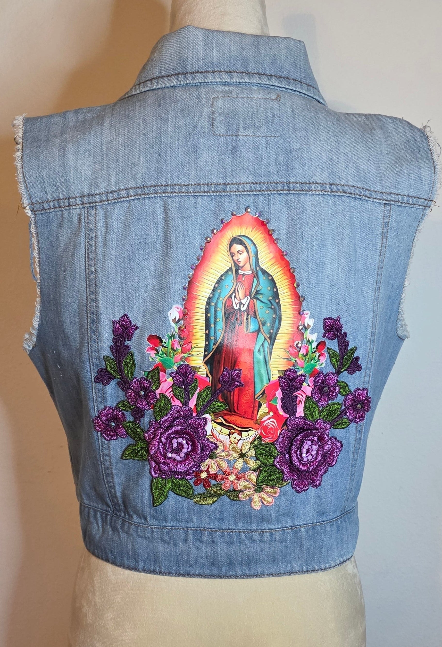 Virgen de Guadalupe denim women's vest size Large with embroidered 3D Apliques and rhinestones