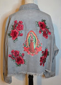 Virgen De Guadalupe / Our Lady of Guadalupe/denim Gray  jacket Sz XXL cropped/embroidered Apliques Distressed / hem Frayed /